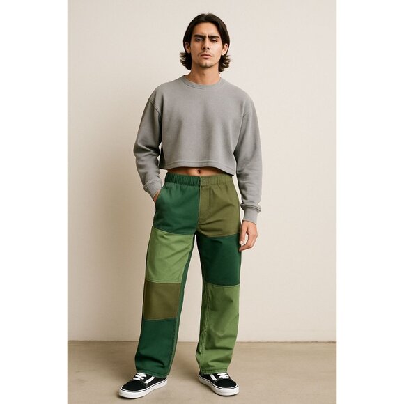 PETALS Patchwork Cargo Pants Green Multitone Streetwear Y2K Workwear Vibes LARGE - Picture 2 of 12